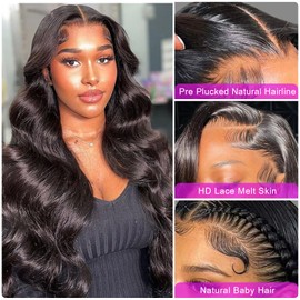 Body Wave Lace Front Wigs Human Hair 13x4 HD Lace Front Wigs Human Hair Pre Plucked with Baby Hair Frontal HD Lace Wigs 180% Density Black Human Hair Wigs for Women with Natural Hairline (30inch)