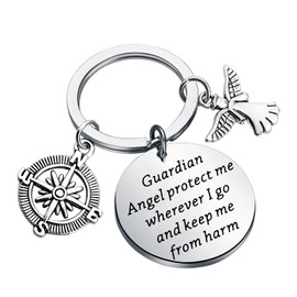 FUSTMW Guardian Angel Prayer Keychain Drive Safe Gifts New Driver Gift First Car Gift Guardian Angel Protect Me Traveler Gift (Silver)