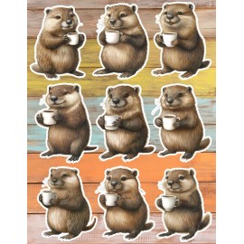 Handmade Coffee Drinking Beaver Die Cut Stickers Set Scrapbooking Laptop Waterbottle