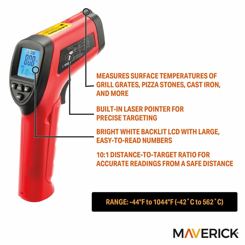 Maverick Infrared BBQ Surface Thermometer, Laser Targeting, 10:1 Distance-to-Spot Ratio,