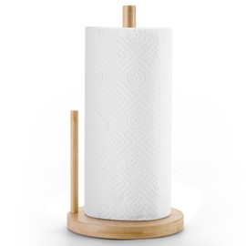 WORHE Bamboo Paper Towel Holder for Kitchen Countertop & Bathroom - Thick Sturdy Base with Non-Slip Pads, Standing Towel Roll Organizer Dispenser Fits Standard/Jumbo Rolls, Natural Home Decor (YGC028)