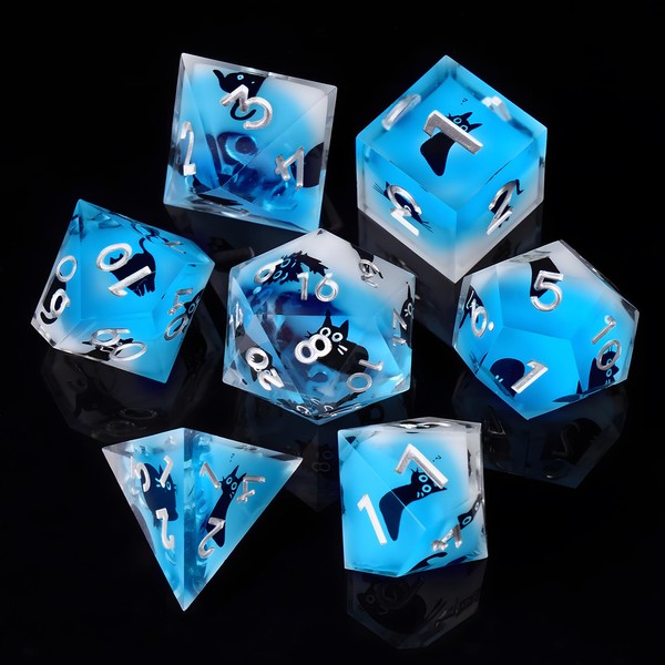 ORUZA 7 PCS Polyhedral DND Dice, Resin Sharp Edge Cat
