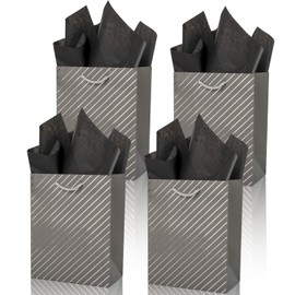 Linelglobal Small Gift Bag with Tissue Paper for Women Men Birthday Anniversary Party Favor 8.6" 4 Pack - Grey