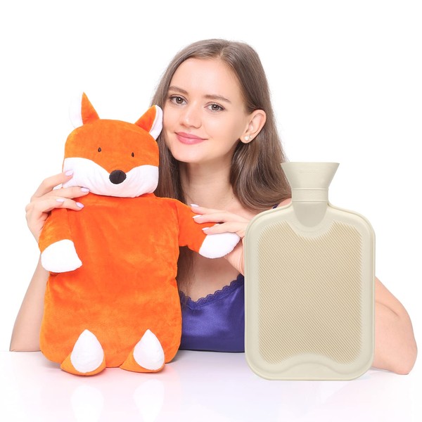 Peterpan 2 Liter Rubber Hot Water Bottle with Animal Cover, Bring a Little Comfort to Your Family This Winter with a Fox Hot Water Bottle, 65 Fl Oz Capacity, Orange