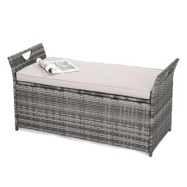 VINGLI 40 Gallon Outdoor Storage Bench with Cushion, Rattan Storage Box, Patio Wicker Deck Box with Seat for Garden | Balcony | Porch | Pool | Yard (Grey Frame + Light Grey Cushion)