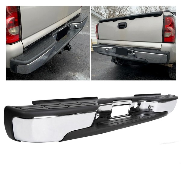 KUAFU Chrome Rear Step Bumper Compatible with 1999-2006 Chevy Chevrolet Silverado GMC Sierra 1500 Steel with License Plate Light Replacement for GM1103122 12496085