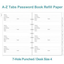 Password Book Refills - A-Z Password Notebook Refill Paper with Alphabetical Tabs, 120gsm White Paper, 7-Hole/Desk Size 4, 5.8" x 8.3"