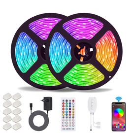 ALED LIGHT Bluetooth LED strip, 10 m (2 x 5 m) 32.8 ft, IP65 waterproof, RGB 5050 LED strips with smart Bluetooth controller, 40 buttons remote control, 12 V power supply for home, garden, decoration