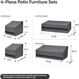 loriano Patio Furniture Cover Set, 4 Piece Outdoor Furniture Cover Waterproof, 600D Heavy Duty Lawn Patio Set Covers (Large, Grey)