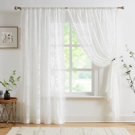 Abstractex White Lace Net Sheer Curtains 72 Inches Long Floral Leaf Knitted Vintage Light Filtering Embroidery Elegant Window Treatment for Girls Bedroom Living Room, Rod Pocket 58" W