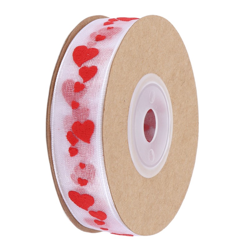 2pcs Red Ribbon 1.5cm/0.6in Wide Heart Pattern Packaging Ribbons DIY
