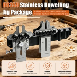 08359 Stainless Steel Dowel Jig Kit, Precision Woodworking Doweling Jig with 90 Degree Angle Bracket, 1/4" 3/8" 1/2" Dowel Hole Drilling Guide Locator for Furniture Cabinet Joinery DIY Wood Projects