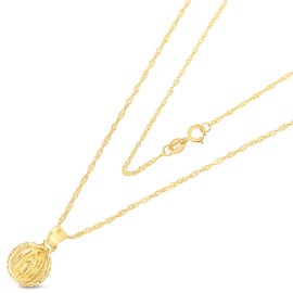 Ioka 14K Yellow Gold Diamond Cut Our Lady of Guadalupe Stamp Charm Pendant with 0.9mm Singapore Chain Necklace - 16"