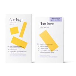 Kit de cera Flamingo para rostro y pubis - 44 tiras de cera, 16 paños post-cera y suero calmante - Fácil depilación en casa