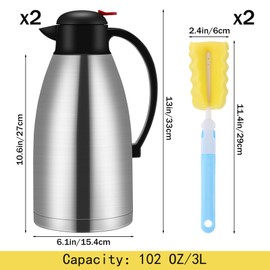 Nuogo 2 Pcs 102 oz Thermal Coffee Carafe with Long Handle Brush Double Walled Vacuum Stainless Steel Coffee Carafes Insulated Thermal Pot Water Flask for Home Office Use Keep 24 Hours Coffee Tea