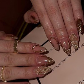 Gilded Press on Nails Medium-Length Almond Fake Nails Gold Ripple False Nails with Gold Glitters Pearl Designs Stick on Nails Nude Full Cover Acrylic Nails for Women Manicure Charms Decor 24Pcs