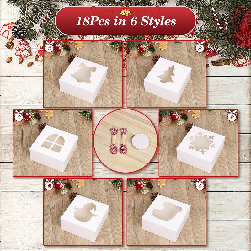 COTOPHER 18Pcs Christmas Cookie Boxes with Window, 6x6x3 inch White