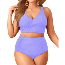 Aqua Eve Women Plus Size Two Piece Swimsuit High Waisted Bikini Set Tummy Control Bathing Suit Lavender 16W