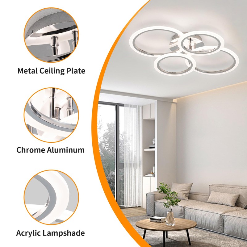 Vloitgol Modern LED Ceiling Light Fixture, 4 Rings Dimmable Flush