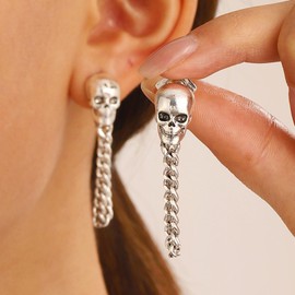 Boho Silver Skull Dangle Earrings Silver Skull Filigree Chain Dangling Earrings Skeleton Stud Earrings Costume Party Exaggeration Accessories Vintage Skull Tassel Earrings Jewelry For Women And Girls