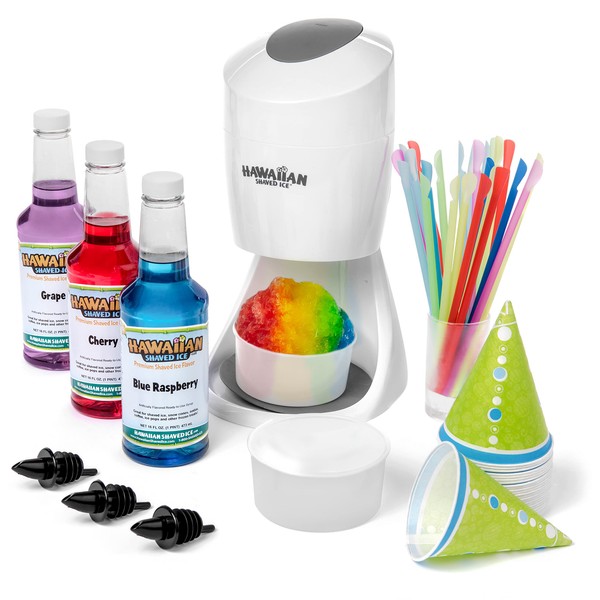 Hawaiian Shaved Ice S900A Snow Cone Machine Kit with 3-16oz. Syrup Flavors: Cherry, Grape, and Blue Raspberry, plus 25 Cups, 25 Spoon Straws, 3 Black Bottle Pourers, and 2 Round Ice Molds