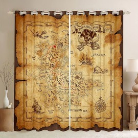 Feelyou Nautical Island Map Curtains Kids Vintage Old Map Pirate Ship Window Curtains for Bedroom Living Room Ocean Ancient Pirate Skull Window Treatments Decor,42 X 63 Inches,2 Panels