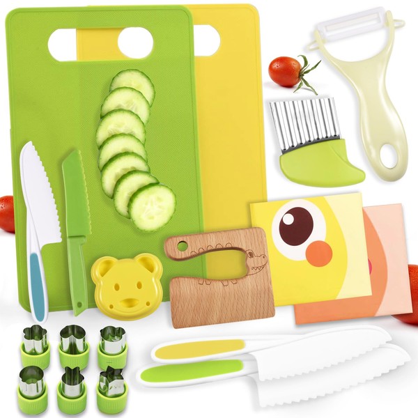18 Pieces Montessori Kitchen Tools Cookware Baking Toy for Toddlers Kids, Toddler Safe Knife Set for Real Cooking, w/ Cutting Boards, Crinkle Cutter, Peeler, Serrated Edges and Wooden Safe Knives
