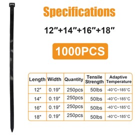 1000 PCS Zip Ties Assorted Sizes 12+14+16+18 Inch Heavy Duty 50 LBS Black Cable Ties, Self Locking Nylon, Indoor and Outdoor UV Resistant