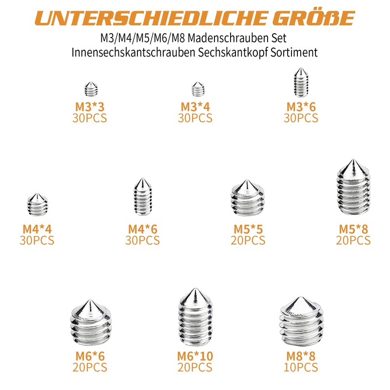 ELECTRAPICK Pack of 240 Grub Screws, Taper Tip, M3, M4,