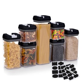 Cheer Collection Stackable Airtight Food Storage Containers - BPA Free Plastic Food Organizer for Pantry with Dry Erase Marker and Labels, Black (Set of 7)