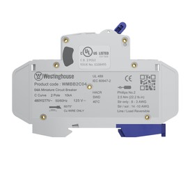 Westinghouse UL 489 AC Miniature Circuit Breaker, 4 Amp, 2 Pole, C Curve, 10kA, 480Y/277V AC, 125V DC, Non-Polarized, UL Listed, DIN Rail Breaker with Thermal Magnetic Trip