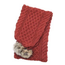 Aran Crafts Irish Cable Knit Wool Faux Fur Pom Pom Scarf 10"x64" (X4965-SIEN)