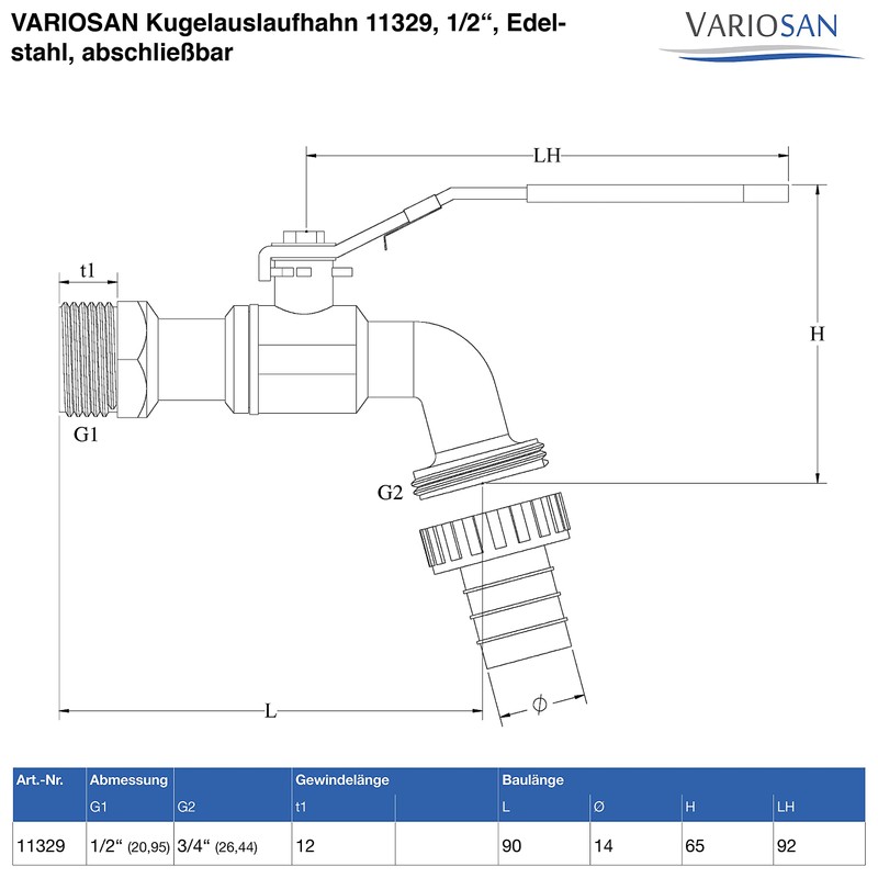 VARIOSAN Ball Outlet Valve 11329 1/2 Inch Stainless Steel Lockable