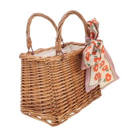 FRCOLOR Natural Rattan Woven Handbag for Weddings Lightweight Rustic Basket Purse with Ribbon for Party Decorations Goodie Boxes and Flower Girl