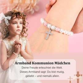 RMMD Communion Gifts for Girls, Communion Bracelet, Communion Gifts, Silver Guardian Angel Cross Bracelet, Pearl Bracelet, First Communion Gifts, Comes with Card and Fabric Bag, Stainless Steel, No