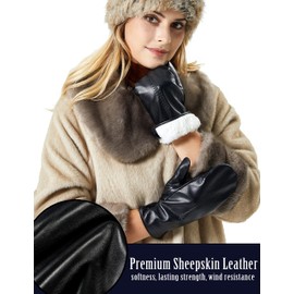 Rabbit Fur Lined Very Warm Leather Mittens for Women with Finger Liners Touchscreen Texting Driving Black X-Large