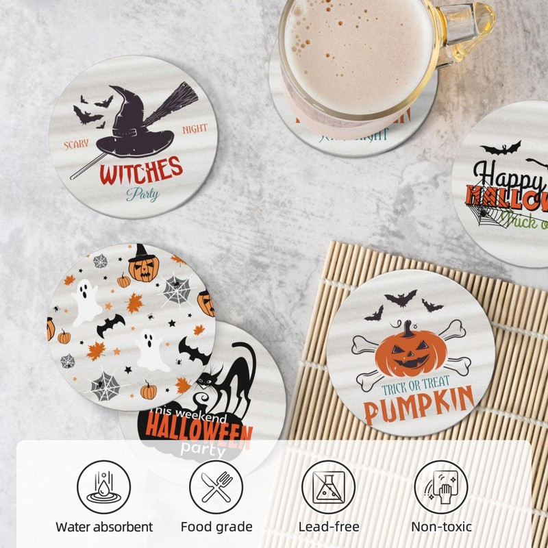 6 PCS Halloween Coasters with Metal Holder and Cork Base