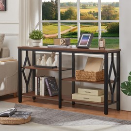 HOMBAZAAR Console Sofa Table, Rustic Entryway Table with Metal Frame and Open Shelves, Industrial Hallway Table with 3 Tier for Entry, Living Room, Foyer,Brown,47 inch