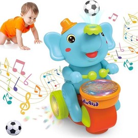 Electric Elephant Crawling Music Toy with Blowing Ball Function, Spinner Drumming Toy with Light fun Music Toy for babies Gifts for Kids 6-12 Month:_Blue