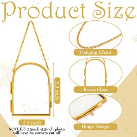 Qunclay 8 Pcs Glass Frame for Pressed Flowers 3.5 x 2.5 Inch Brass Hanging Photo Frame with Chain Arched Double Floating Picture Frames for Artwork Display DIY Dried Plant Specimen(Gold)