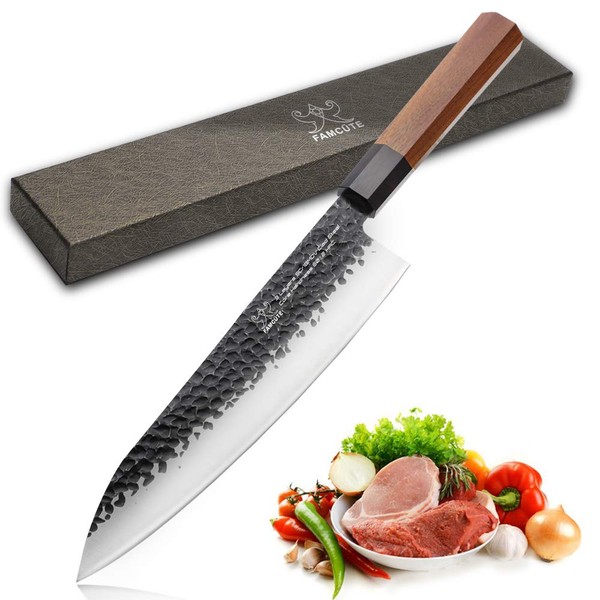 FAMCÜTE 8 Inch Japanese Chef Knife, 3 Layer 9CR18MOV Clad Steel w/octagon Handle Gyuto Sushi Knife for Home Kitchen & Restaurant