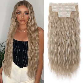 REECHO Clip in Hair Extensions, 5PCS Blonde Hair Extensions 24" Thick Long Loose Waves hair extensions HE002 Invisible Lace Weft Natural Soft Hairpieces for Women – Dark Ash Blonde