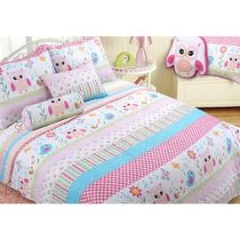 Home Sweet Pink Owl Print Stripe Girl Reversible Quilt Bedding Set - Size: Queen Set with Décor Pillows