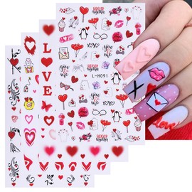 4 Sheets Valentine's Day Nail Stickers for Nail Art - Red Heart Nail Art Stickers Spring 3D Self Adhesive Nail Decals Love Lips Glitter Nail Art Supplies Stickers for Nails Art Decoration