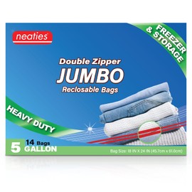 Neaties 5 Gallon Resealable Bags – Heavy Duty Jumbo Freezer Bags with Dual Zipper – 18x24" Extra Large with Writable Space for Kitchen or Home Storage – BPA-Free Food Grade Plastic – 14 Pack