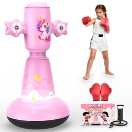 58 Inch Punching Bag for Kids Ages 3-8, Inflatable Boxing Bag with Stand, Boxing Gloves, Stickers & Pump, Stable Freestanding Punching Bags for Girls, Christmas Birthday Gifts Toy