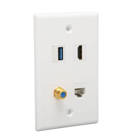 Wall Plate, 4 Port HD Multimedia Interface, F Type, USB3.0, Cat6, in Wall Wiring, Secure Connection, Multi Application, Compatible with HDTV, Projector, Computer