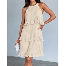 ZESICA Women's 2024 Summer Halter Dresses Sleeveless Ruffle Tiered Layered Chiffon Pleated A Line Swing Mini Dress,Apricot,Small