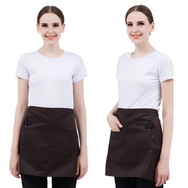 2PCS Waist Apron Short Half Server Aprons with 2 Pockets for Waitress Waiter Chef, Unsex, Hygea Tabard Apron Work Tabards, for Home Kitchen, Restaurant, Coffee House, Baking Gardening BBQ (Dark Brown)