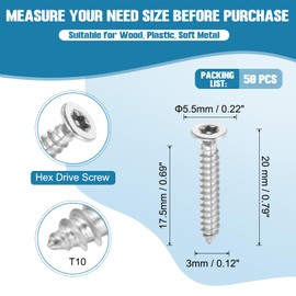 PATIKIL 50 Pcs Flat Head Torx/Star Screws, M3 x 20mm Torx Drive Self Tapping Wood Screws Stainless Steel Countersunk Tamper Proof Screw with T10 Bit for Wood Soft Metal
